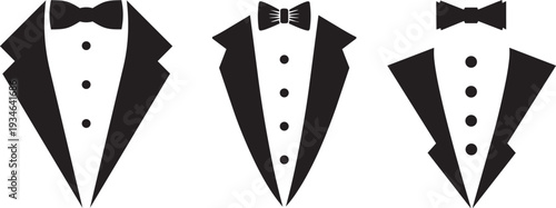 Tuxedo Ensemble: A trio of stylized tuxedo designs, each boasting a distinct silhouette and elegant bow tie, are meticulously arranged to showcase the timeless charm of formal wear.