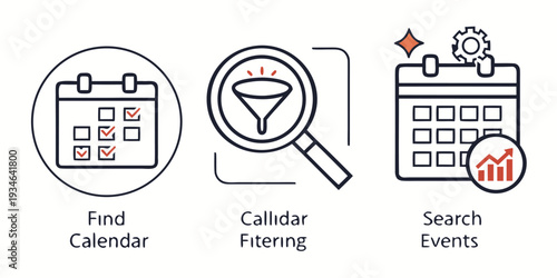 Digital icons depict essential calendar management functions, including finding a calendar, applying filters to view specific details, and searching for relevant events.