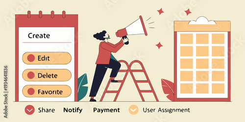 A person stands on a ladder announcing updates on a calendar interface featuring create, edit, delete, and favorite options.