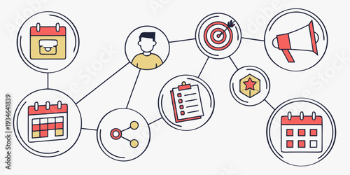 A network diagram connects various business icons including a person, calendar, checklist, target, and megaphone through connecting lines.
