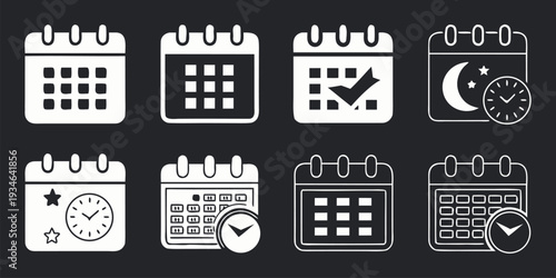 A set of eight calendar icons displays various states including checkmarks, time indicators, and different grid arrangements on a dark background.