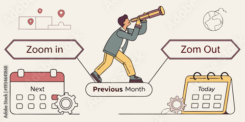 A businessman looks through a telescope toward future planning indicators like 'Zoom in' and 'Zoom Out' next to different calendar views.