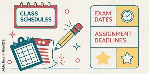 A collection of educational icons illustrates class schedules, exam dates, and important assignment deadlines for academic planning.