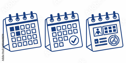 Three distinct blue outline calendar icons display various scheduling statuses such as filled dates, a confirmed selection, and a profile overview.