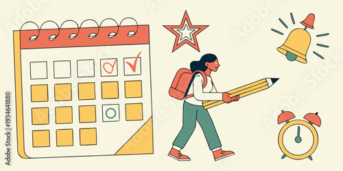 A student carrying a large pencil and backpack stands next to a marked calendar surrounded by academic planning symbols like a star and an alarm clock.