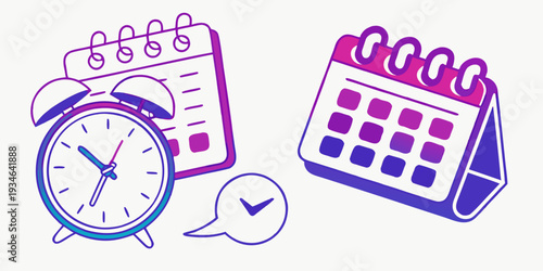 A vivid gradient illustration shows an alarm clock and two desk calendars symbolizing time management and scheduling deadlines.