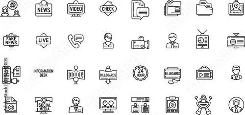Media icons, communication symbols, news report, video broadcast, social media, fake news alert, information desk, billboard sign, cybersecurity protection, digital communication,