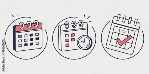 Three isometric calendar icons with highlighted dates and integrated clock elements symbolize effective time organization and reservation confirmation.