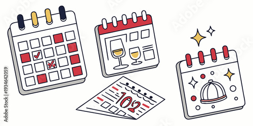 Several colorful calendar illustrations depict various scheduled events including marked dates, dining reservations, and celebratory planning icons.
