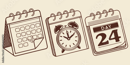 Three vintage-style desk calendars are shown with one page turning down, another displaying an alarm clock graphic, and the third showing the specific date twenty-four.