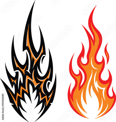 Flame fire icon vector set, blazing red orange and black tribal fire symbols isolated on white background