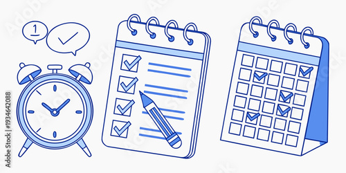 A collection of administrative tools including an alarm clock, checklist, and marked calendar represents scheduling and task management concepts.
