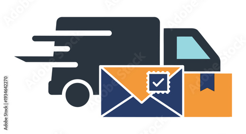 Delivery truck with packages and an envelope symbolizing fast shipping