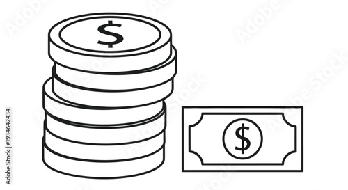 Simple line drawing of a stack of coins and a dollar bill