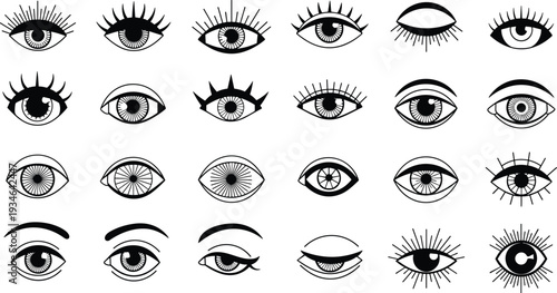 Hand drawn eye icons set, mystical eyelashes and eyebrows collection, vision and sight symbols, occult masonry elements, flat vector illustration.