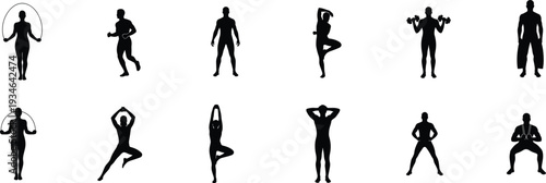 Yoga Silhouettes in Various Poses with Dynamic Movement in Black on White Background for Fitness Illustration
