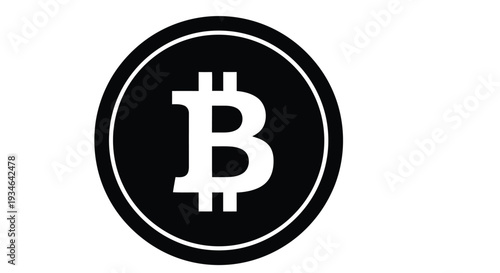 A stark white background features a black bitcoin symbol prominently displayed