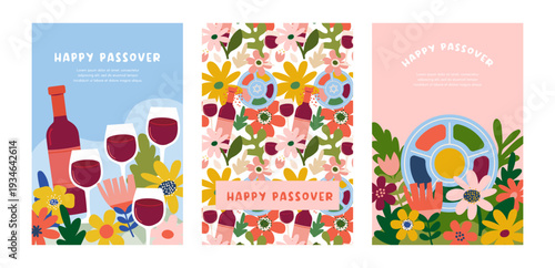 Passover Greeting Card set. Happy Passover Jewish Holiday Design with Spring Flowers, Seder Plate, Traditional Pesach Celebration. Flat Vector Illustration.