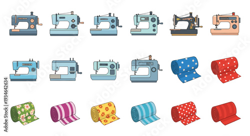 Collection of colorful sewing machines and fabric rolls for crafting and textile projects, Generative AI.