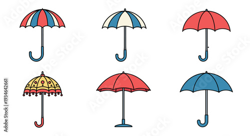 Colorful illustration of various umbrellas in different patterns and hues, Generative AI.