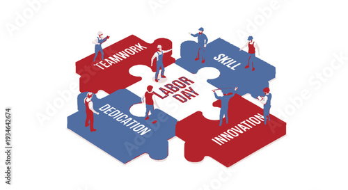 Labor day concept with teamwork dedication skill and innovation puzzle pieces and workers