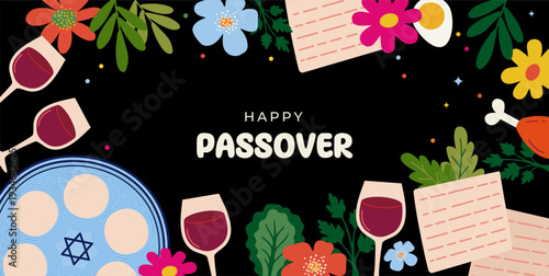 Happy Passover Greeting Card with Seder Plate, Wine Glasses and Matzah. Jewish Holiday Pesach Celebration. Floral Spring Design. Modern Flat Vector Illustration