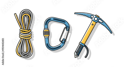 Climbing equipment including rope carabiner and ice axe on for outdoor adventure and sports activities, Generative AI.