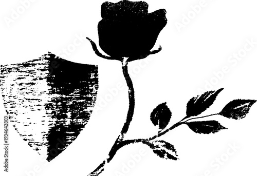 Vintage rose and shield emblem in high contrast black and white ink design