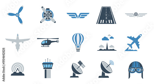 Collection of various aviation and flight related icons and symbols in blue shades, Generative AI.