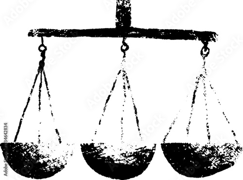 Minimalist high contrast black and white ink illustration of balance scales for design