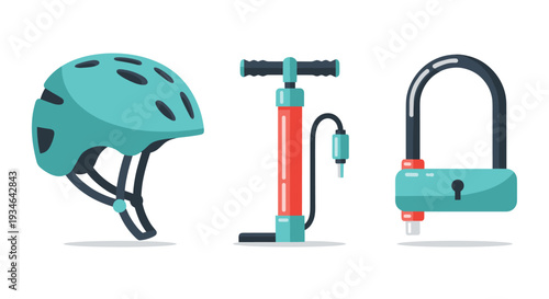 A set of three green and black bicycle accessories including a helmet air pump and padlock, Generative AI.