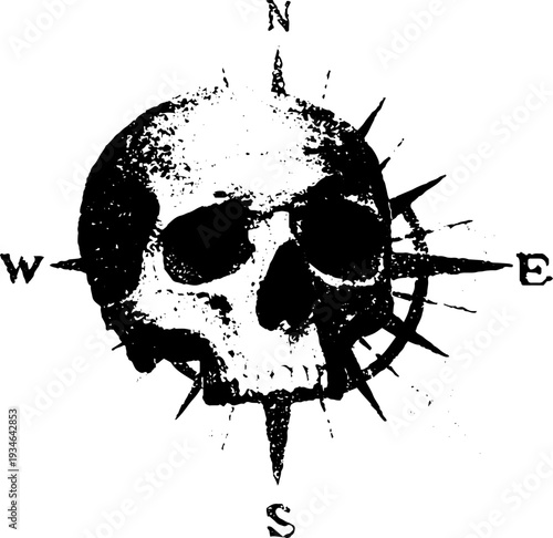 High contrast skull and compass ink illustration - retro design for prints and posters