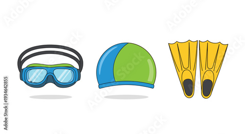 Scuba diving equipment including goggles swim cap and flippers, Generative AI.