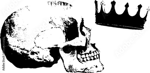 Skull with crown high contrast ink drawing - gothic and vintage design for dark art projects