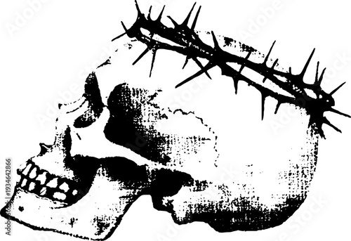 Skull with crown of thorns ink drawing - monochrome design for art and tattoo concepts