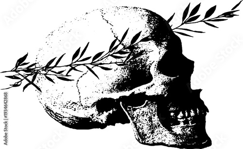 Memento mori: skull with laurel wreath black and white retro design for art and decor
