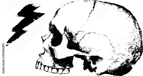 High contrast skull and lightning ink design for posters and apparel