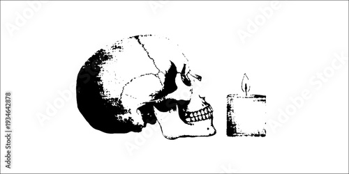 High contrast skull and candle black and white ink illustration for gothic artwork