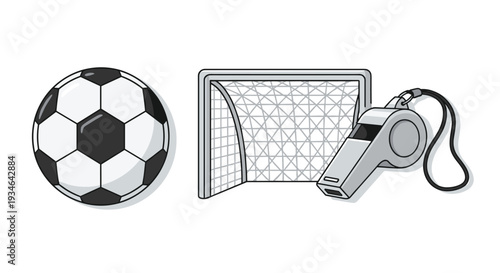Soccer ball goal net and referee whistle on a for sports illustration, Generative AI.