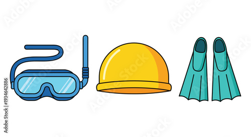 A colorful illustration of a yellow hard hat blue snorkeling mask with tube and green flippers, Generative AI.