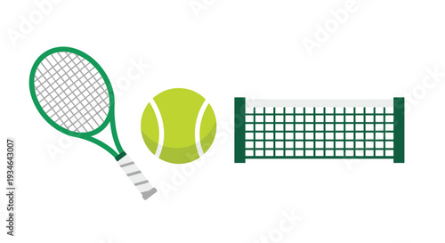 Tennis racket ball and net icons in green on a for sports and recreation designs, Generative AI.