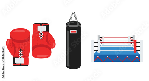 Boxing equipment including red gloves punching bag and ring, Generative AI.