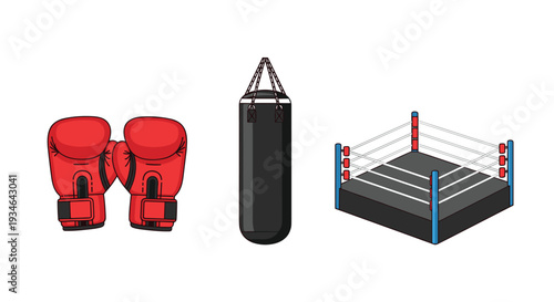 Boxing equipment including red gloves punching bag and boxing ring, Generative AI.