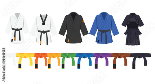 Martial arts uniforms and colored belts for karate taekwondo and judo, Generative AI.