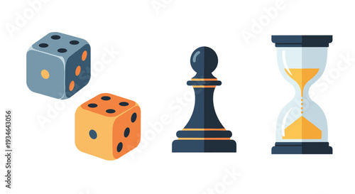 Colorful illustration of dice chess piece and hourglass on for business strategy or game concept, Generative AI.