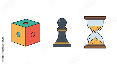 Colorful icons of a cube chess pawn and hourglass, Generative AI.