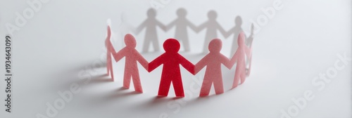 Female caucasian adult paper chain circle red central figure unity collaboration inclusion group cohesion concept