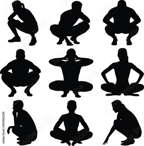 Human posture vector illustration, squatting silhouette design, seated body language art, ergonomic inspiration graphics, diverse poses flat vector illustration content SEO