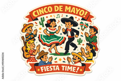 Retro 1950s Style Cinco de Mayo Sticker of a Festive Dance Circle with Happy Clapping Characters and Musicians
