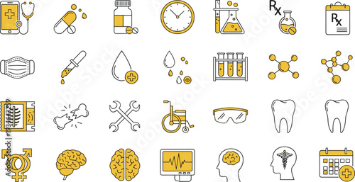 Medical icons set, healthcare symbols, hospital tools, diagnostic elements, medicine and science, vector illustration, flat design, clinical concept, health graphics